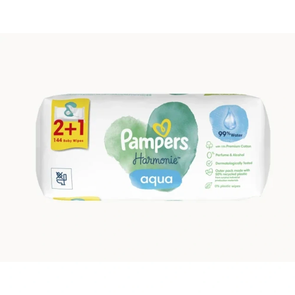 Pampers Harmonie Aqua Baby Wipes Μωρομάντηλα 2+1 Δώρο 144τμχ