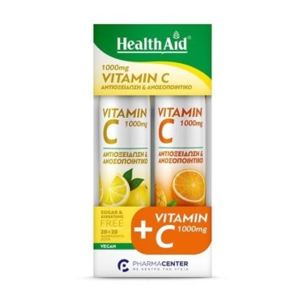 Health Aid Vitamin C Βιταμίνη για Ενίσχυση του Ανοσοποιητικού, τo Δέρμα & Αντιοξειδωτική δράση 1000mg Λεμόνι-Πορτοκάλι 2 x 20 ταμπλέτες